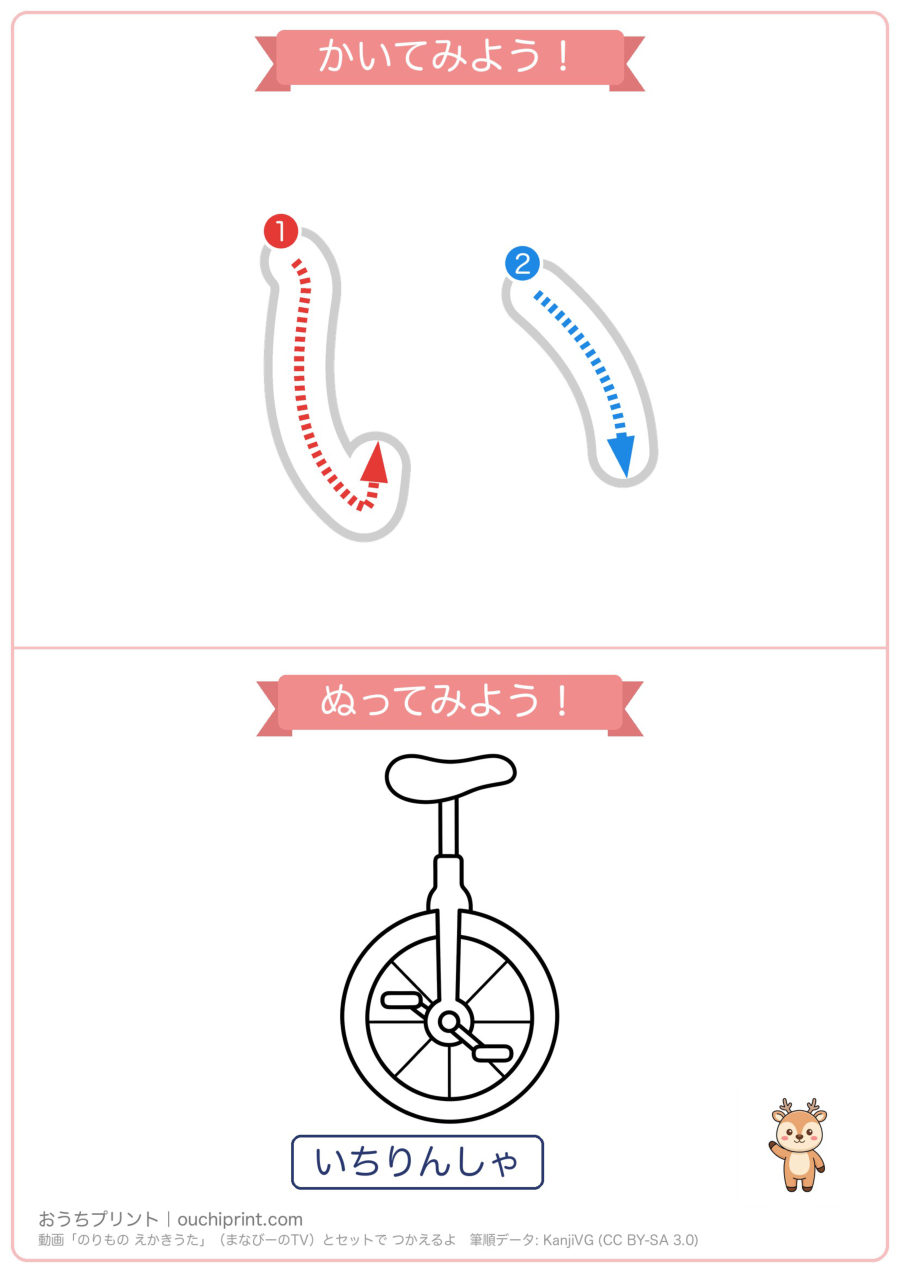 のりもの えかきうた「あいうえお」なぞり書き&ぬりえ(5まい) 2ページめ