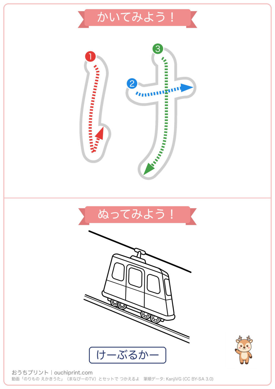 のりもの えかきうた「かきくけこ」なぞり書き＆ぬりえ（5まい） 4ページめ