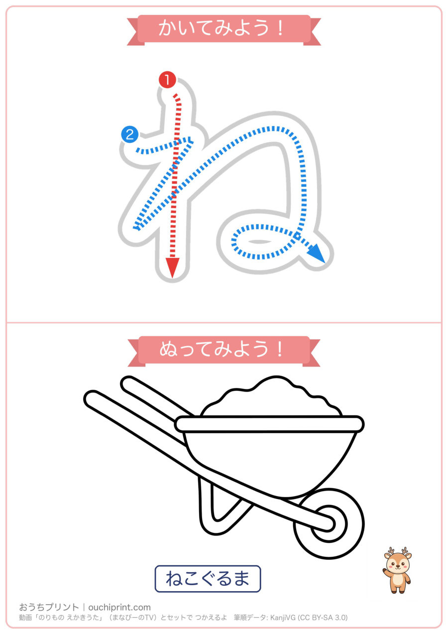 のりもの えかきうた「なにぬねの」なぞり書き&ぬりえ(5まい) 4ページめ