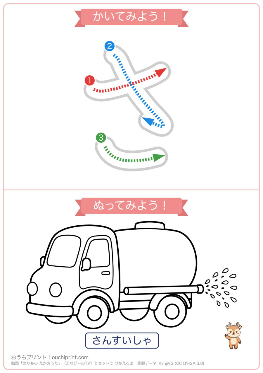 のりもの えかきうた「さしすせそ」なぞり書き＆ぬりえ（5まい） 1ページめ