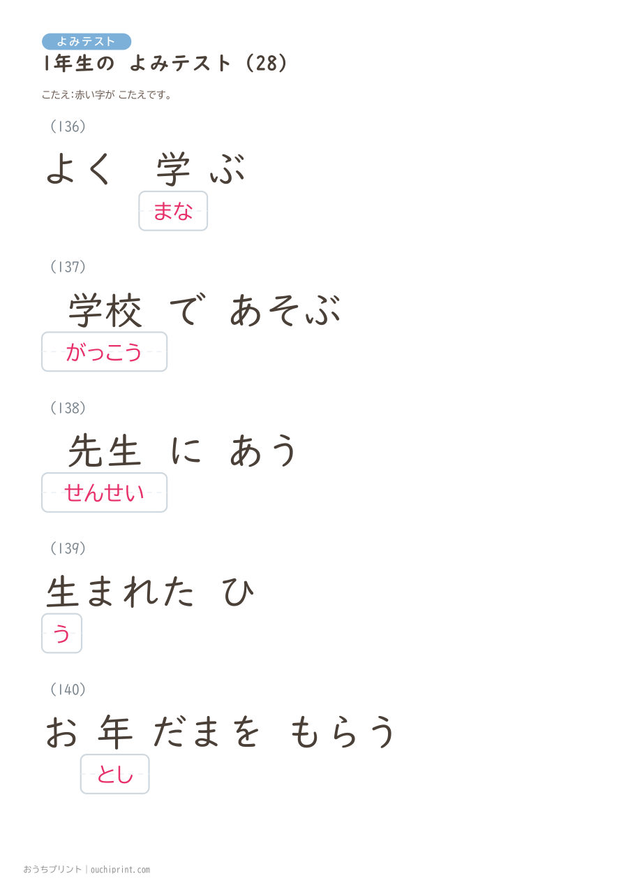 1年生の よみテスト(160問) 60ページめ
