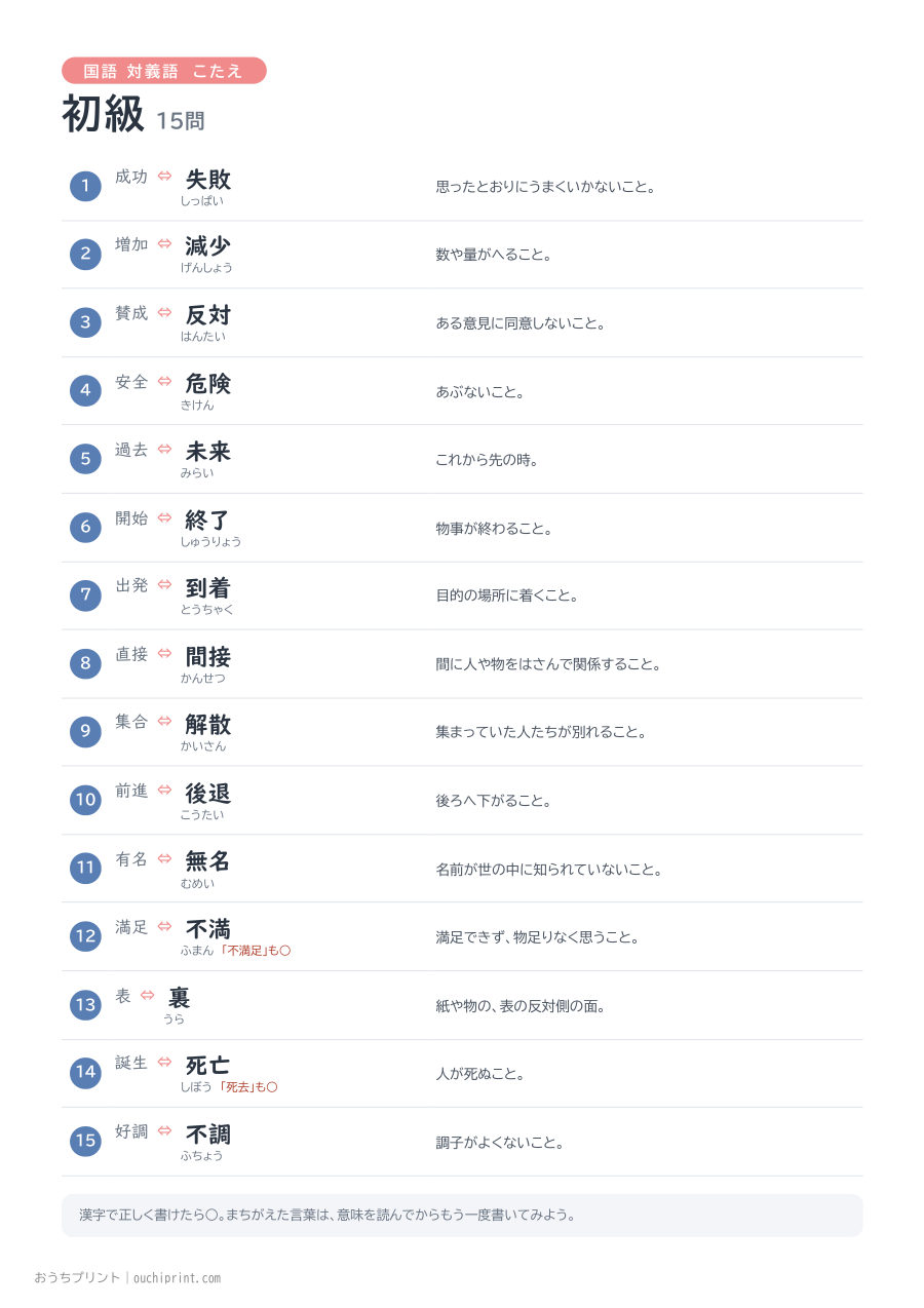 国語 対義語 初級（15問） 2ページめ