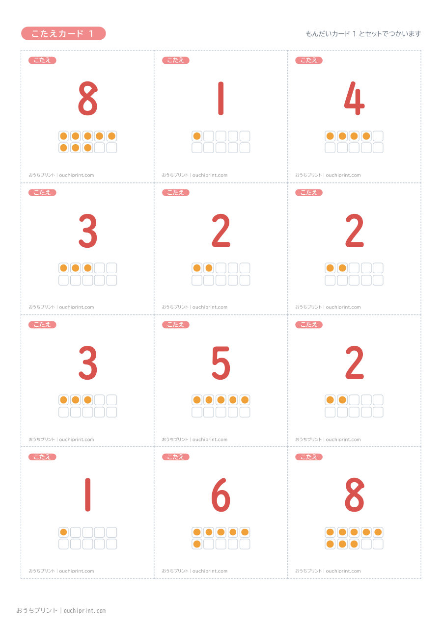 10までの ひきざんカード（全45組） 2ページめ