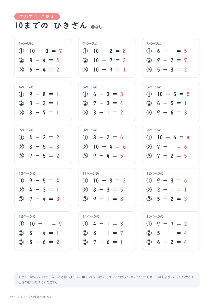 10までの ひきざん 1ページ3問（●なし） 16ページめ
