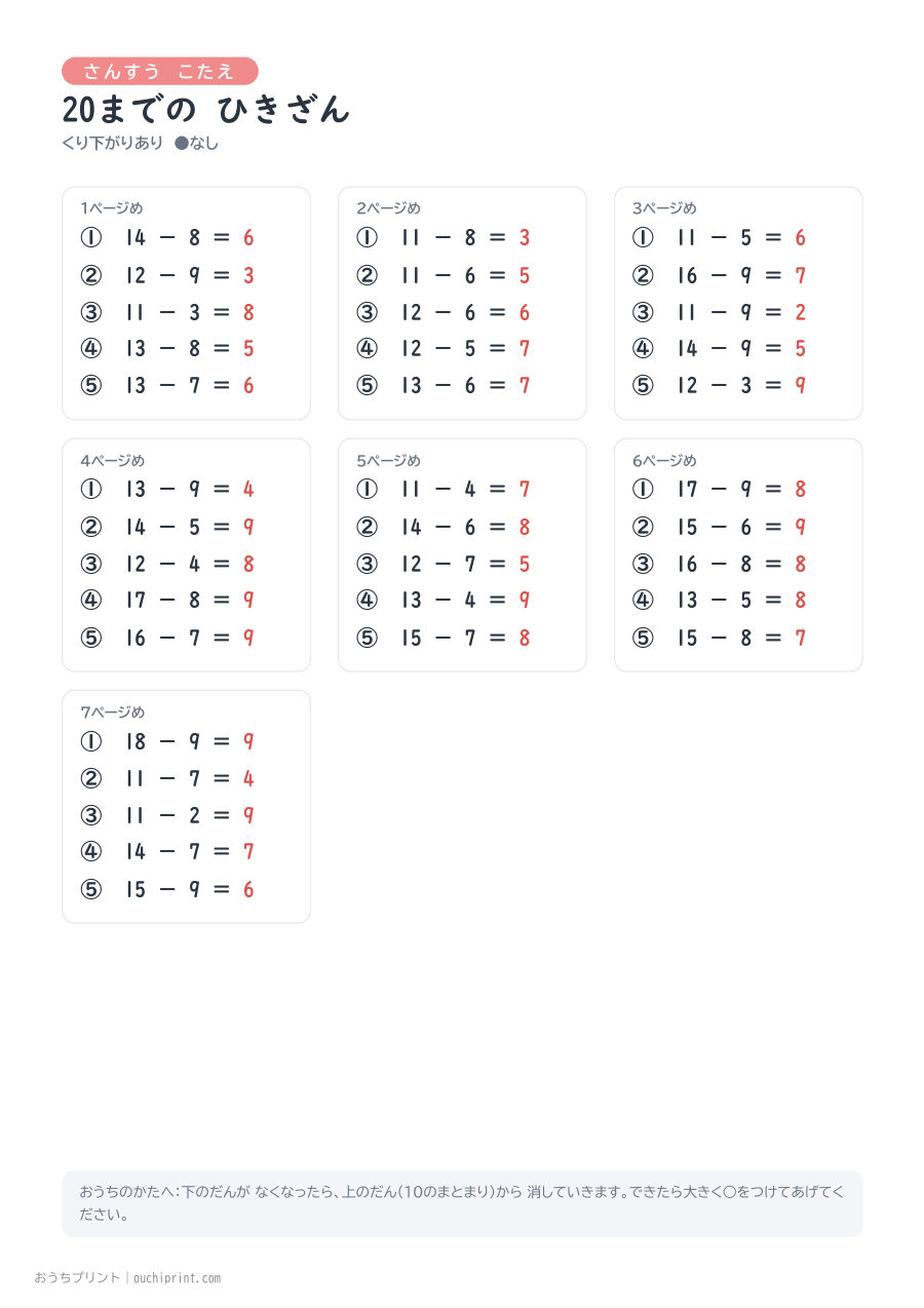 20までの ひきざん くり下がりあり 1ページ5問（●なし） 8ページめ