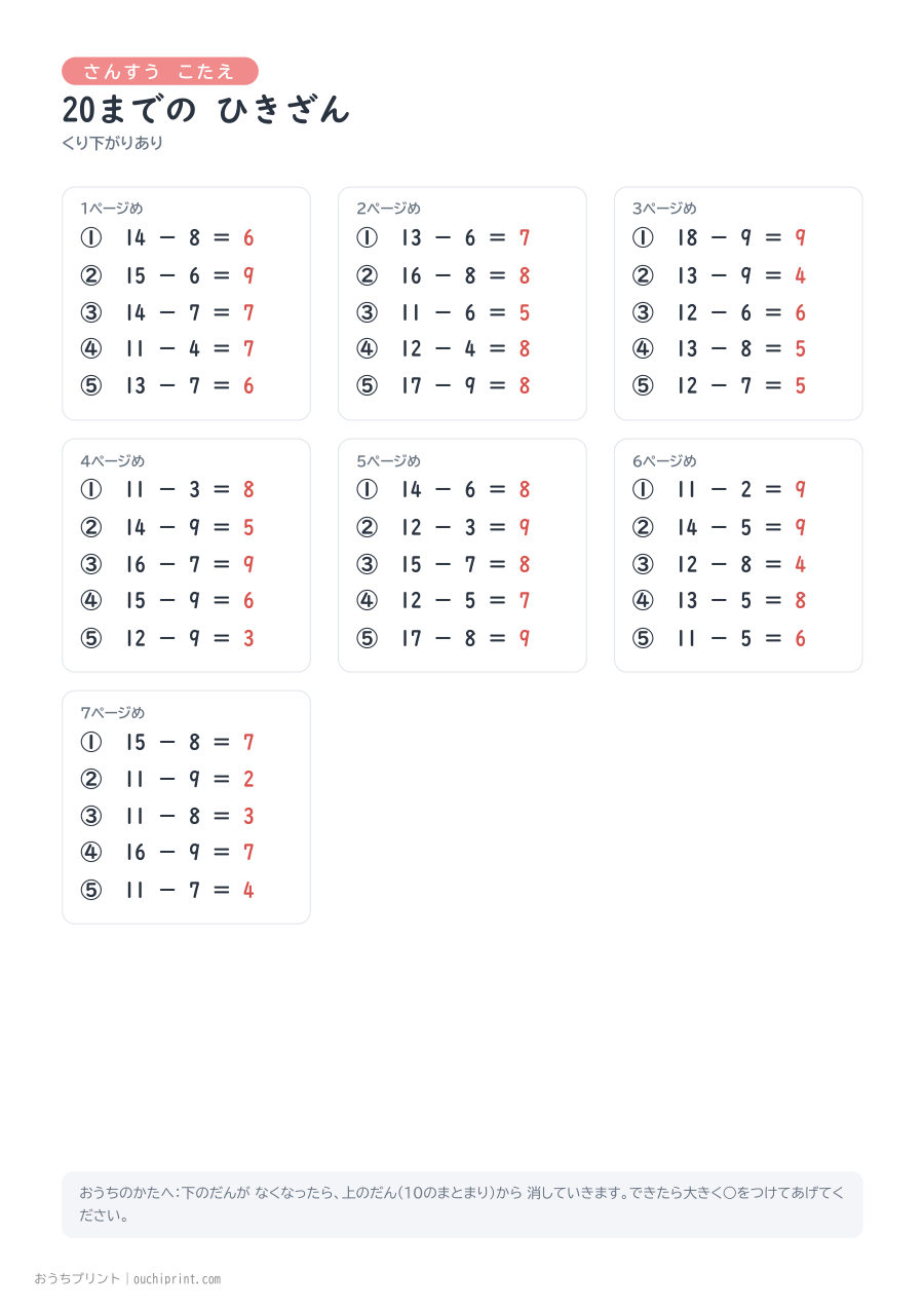 20までの ひきざん くり下がりあり 1ページ5問（●あり） 8ページめ